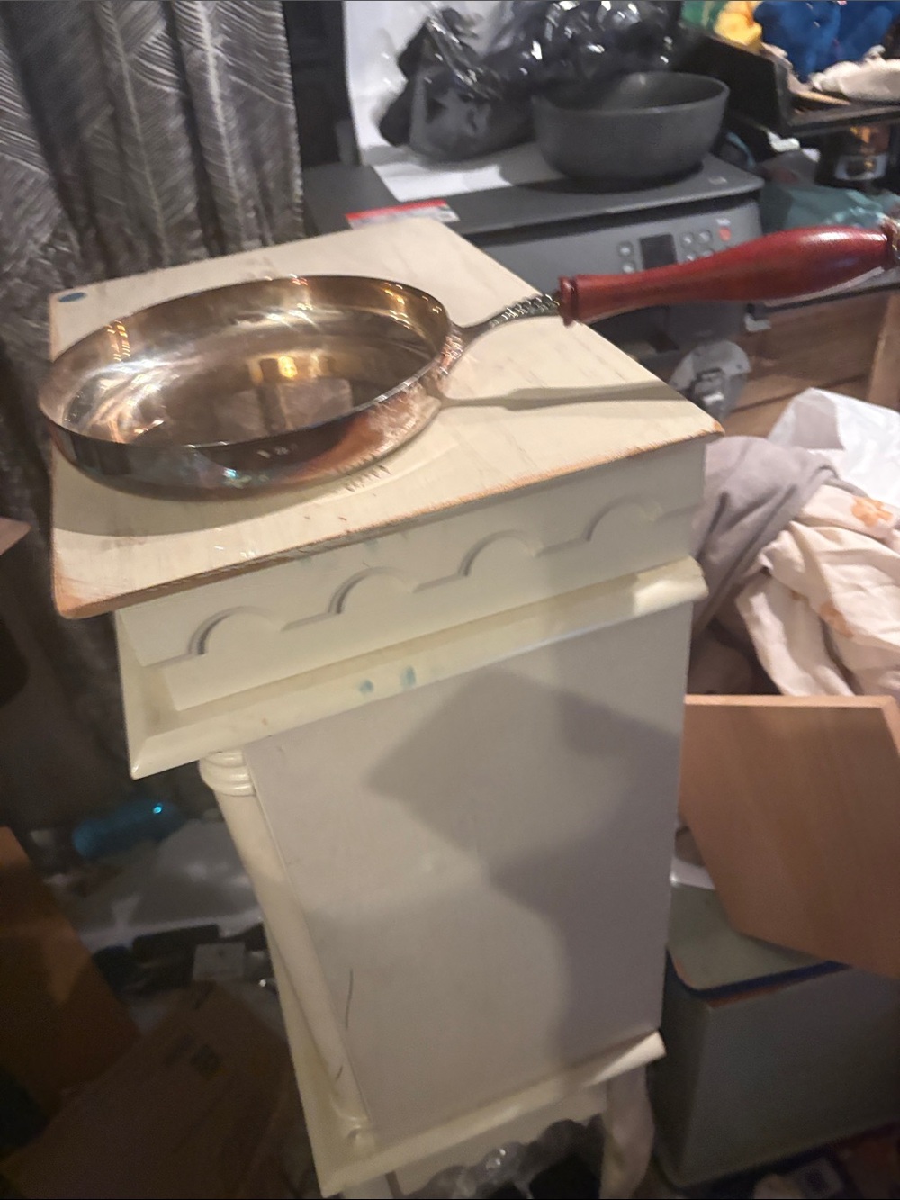 Italian silver plated sauce or crepes pan wooden handles